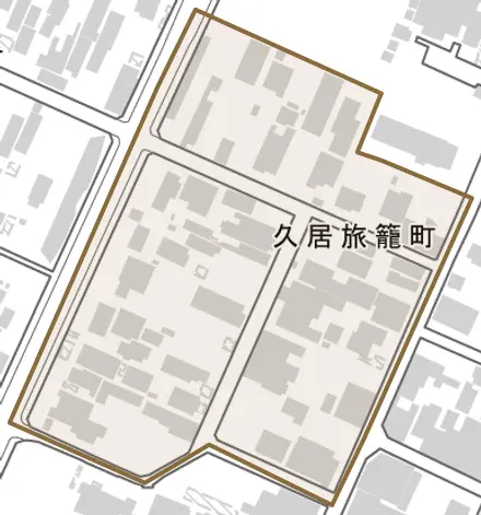 久居旅籠町とその周辺の地図。町の範囲を重ねている