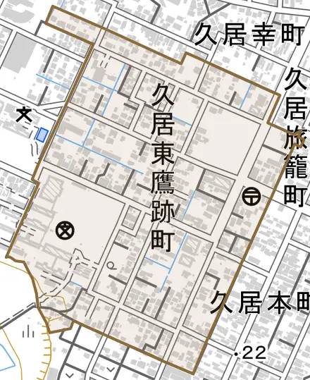 久居東鷹跡町とその周辺の地図。町の範囲を重ねている