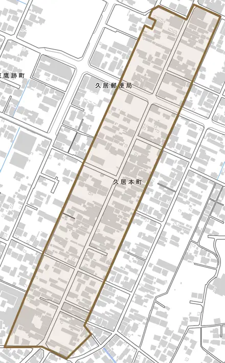久居本町とその周辺の地図。町の範囲を重ねている