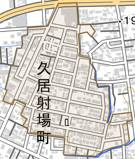 久居射場町とその周辺の地図。町の範囲を重ねている