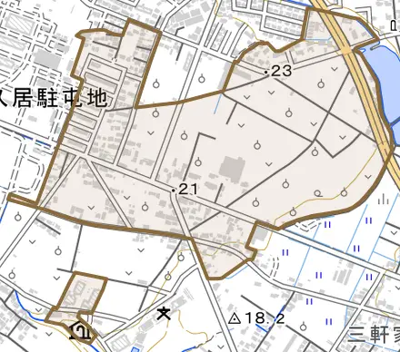 久居井戸山町とその周辺の地図。町の範囲を重ねている