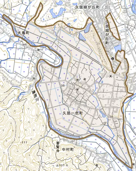 久居一色町とその周辺の地図。町の範囲を重ねている