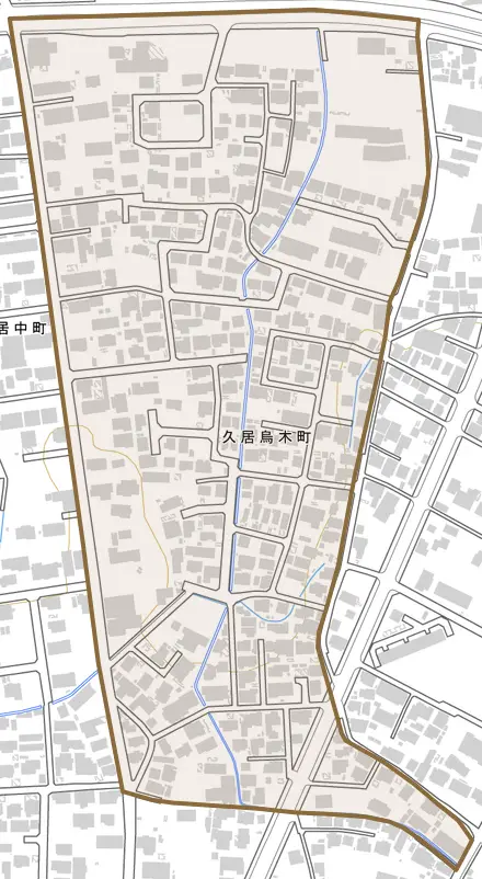 久居烏木町とその周辺の地図。町の範囲を重ねている