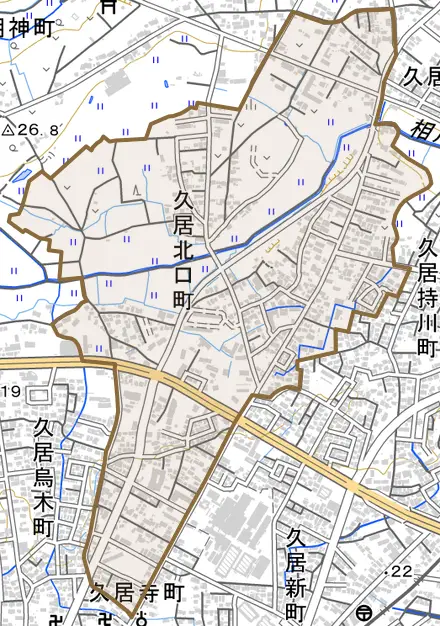 久居北口町とその周辺の地図。町の範囲を重ねている
