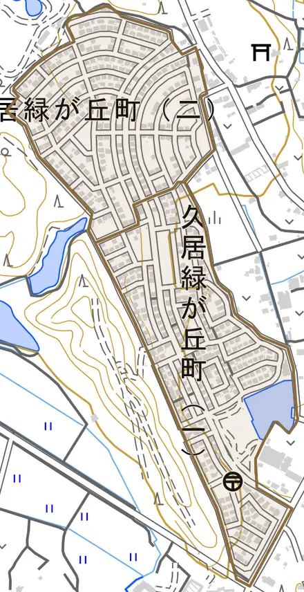久居緑が丘町とその周辺の地図。町の範囲を重ねている