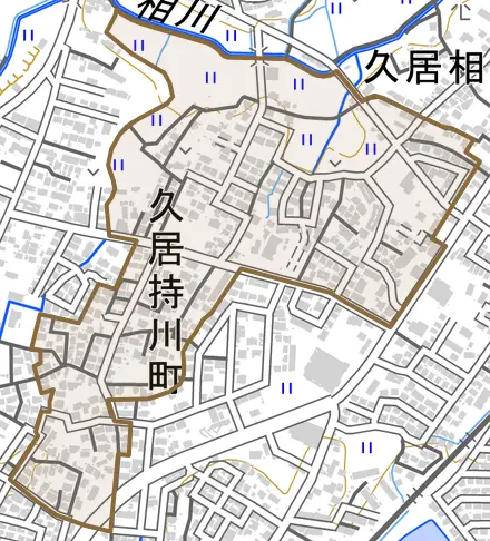 久居持川町とその周辺の地図。町の範囲を重ねている