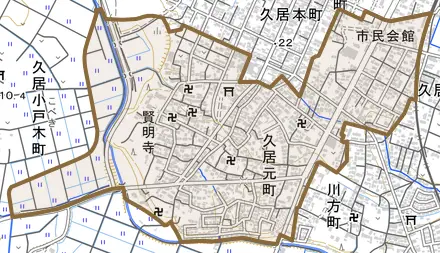 久居元町とその周辺の地図。町の範囲を重ねている