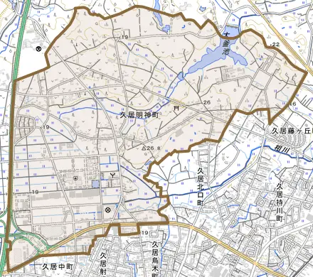 久居明神町とその周辺の地図。町の範囲を重ねている