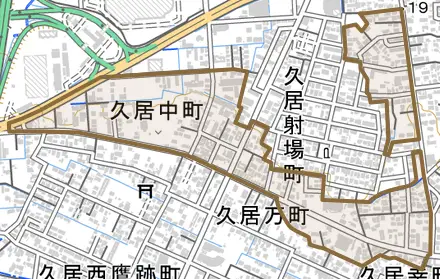久居中町とその周辺の地図。町の範囲を重ねている