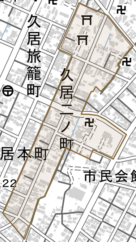 久居二ノ町とその周辺の地図。町の範囲を重ねている