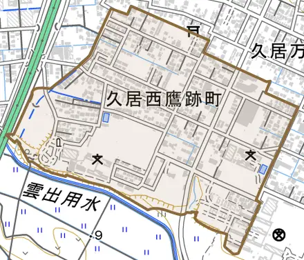 久居西鷹跡町とその周辺の地図。町の範囲を重ねている