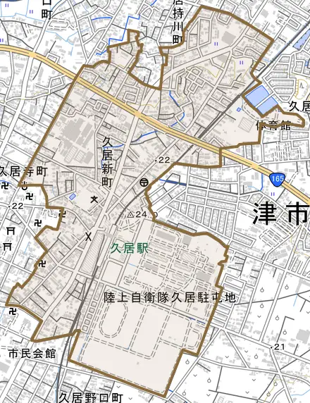 久居新町とその周辺の地図。町の範囲を重ねている