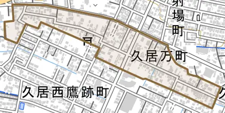 久居万町とその周辺の地図。町の範囲を重ねている