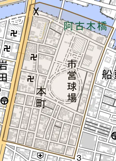 本町とその周辺の地図。町の範囲を重ねている