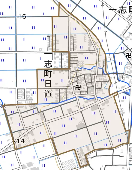 一志町日置とその周辺の地図。町の範囲を重ねている