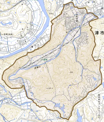 一志町井関とその周辺の地図。町の範囲を重ねている