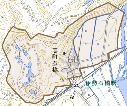 一志町石橋とその周辺の地図。町の範囲を重ねている