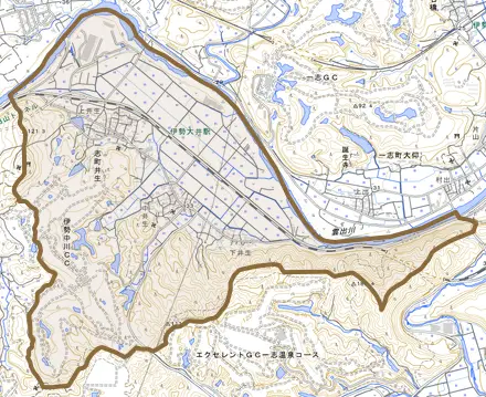 一志町井生とその周辺の地図。町の範囲を重ねている