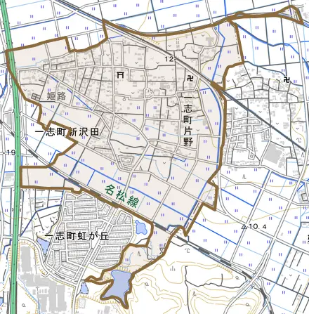 一志町片野とその周辺の地図。町の範囲を重ねている