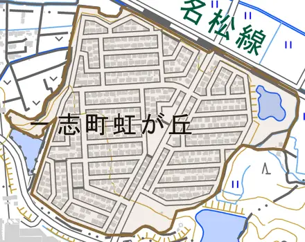 一志町虹が丘とその周辺の地図。町の範囲を重ねている