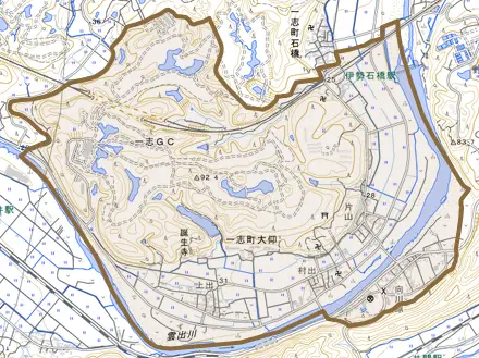 一志町大仰とその周辺の地図。町の範囲を重ねている