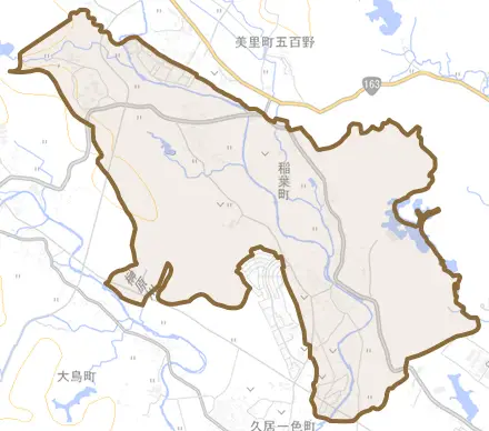 稲葉町とその周辺の地図。町の範囲を重ねている
