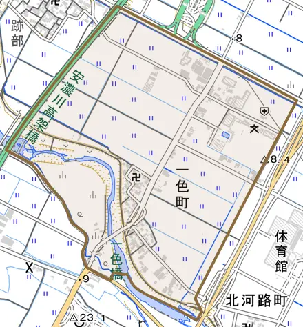 一色町とその周辺の地図。町の範囲を重ねている