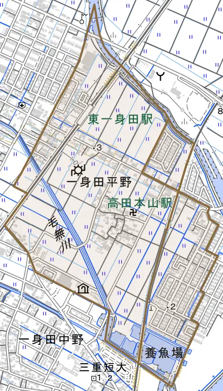 一身田平野とその周辺の地図。町の範囲を重ねている
