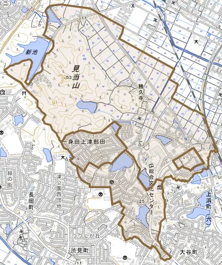 一身田上津部田とその周辺の地図。町の範囲を重ねている