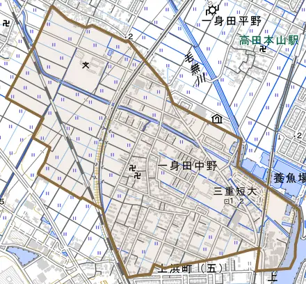一身田中野とその周辺の地図。町の範囲を重ねている