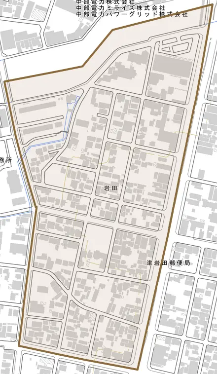岩田とその周辺の地図。町の範囲を重ねている