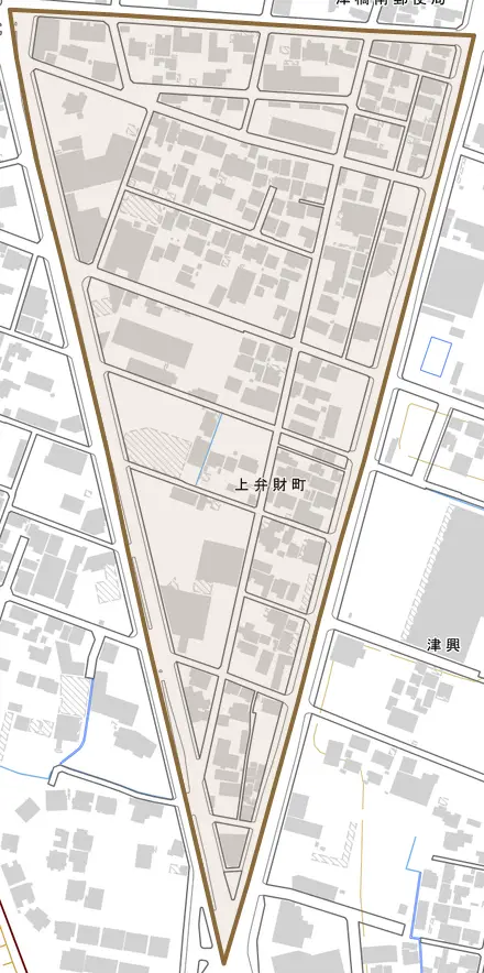 上弁財町とその周辺の地図。町の範囲を重ねている