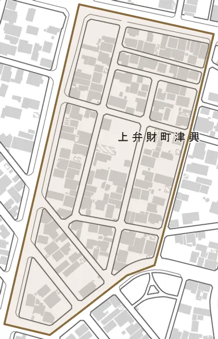 上弁財町津興とその周辺の地図。町の範囲を重ねている
