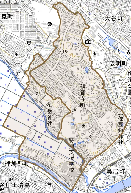 観音寺町とその周辺の地図。町の範囲を重ねている