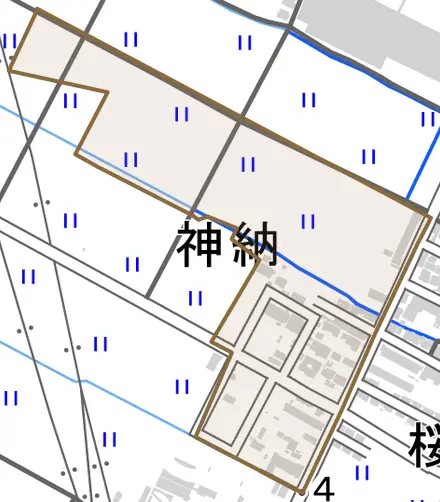 神納とその周辺の地図。町の範囲を重ねている