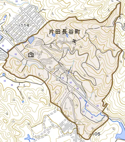 片田長谷町とその周辺の地図。町の範囲を重ねている