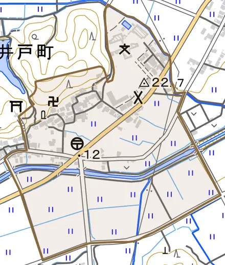 片田井戸町とその周辺の地図。町の範囲を重ねている