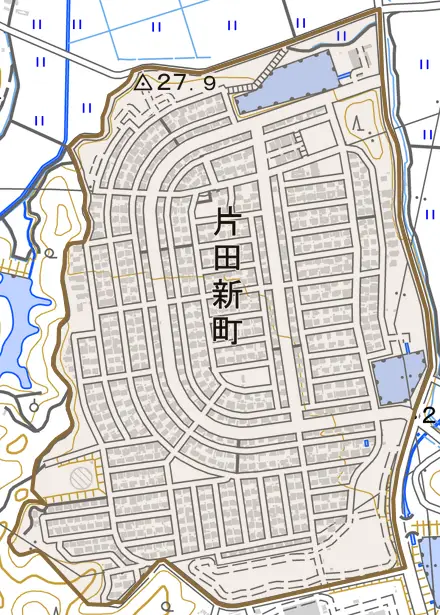 片田新町とその周辺の地図。町の範囲を重ねている