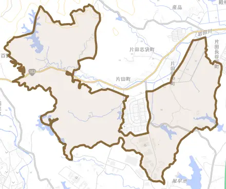 片田薬王寺町とその周辺の地図。町の範囲を重ねている