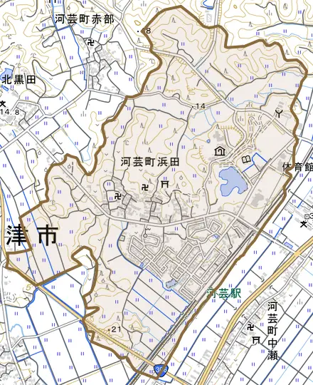 河芸町浜田とその周辺の地図。町の範囲を重ねている