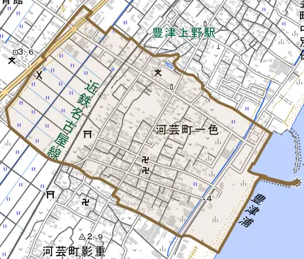 河芸町一色とその周辺の地図。町の範囲を重ねている