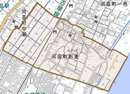 河芸町影重とその周辺の地図。町の範囲を重ねている