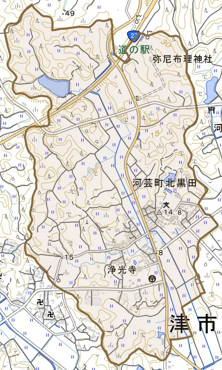 河芸町北黒田とその周辺の地図。町の範囲を重ねている