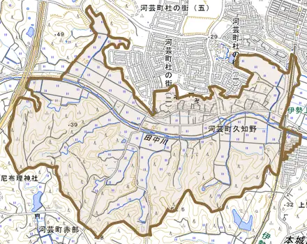 河芸町久知野とその周辺の地図。町の範囲を重ねている