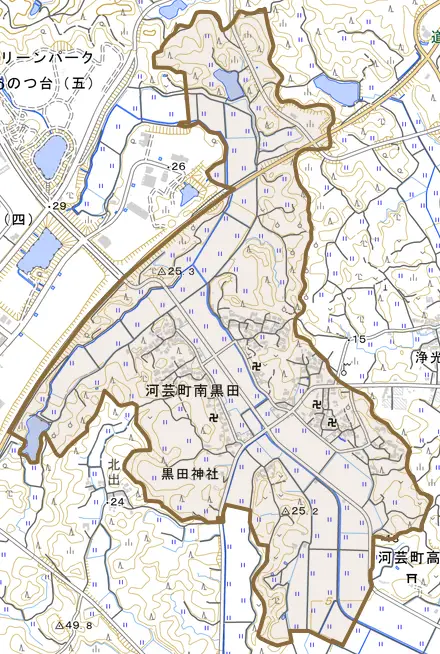 河芸町南黒田とその周辺の地図。町の範囲を重ねている