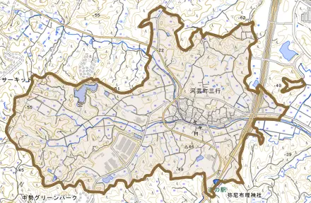 河芸町三行とその周辺の地図。町の範囲を重ねている