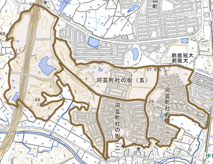 河芸町杜の街とその周辺の地図。町の範囲を重ねている