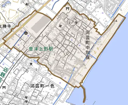 河芸町中別保とその周辺の地図。町の範囲を重ねている