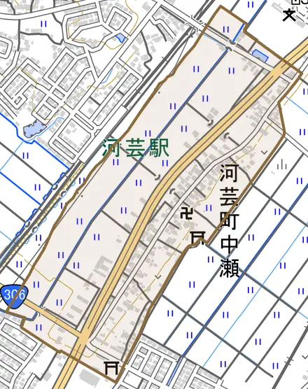 河芸町中瀬とその周辺の地図。町の範囲を重ねている