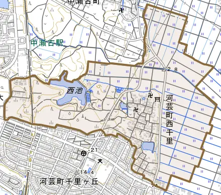 河芸町西千里とその周辺の地図。町の範囲を重ねている
